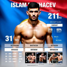 An informative infographic featuring the mixed martial artist Islam Makhachev, highlighting his biography and career achievements