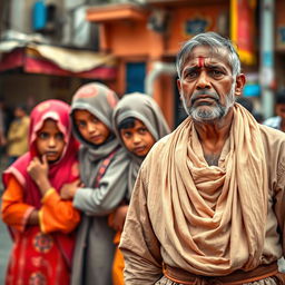 A powerful and emotional scene depicting the struggle for justice, where three children wearing traditional Muslim clothing are huddled together, their expressions filled with fear and sadness