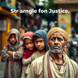 A powerful and emotional scene depicting the struggle for justice, where three children wearing traditional Muslim clothing are huddled together, their expressions filled with fear and sadness
