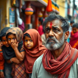 A powerful and emotional scene depicting the struggle for justice, where three children wearing traditional Muslim clothing are huddled together, their expressions filled with fear and sadness