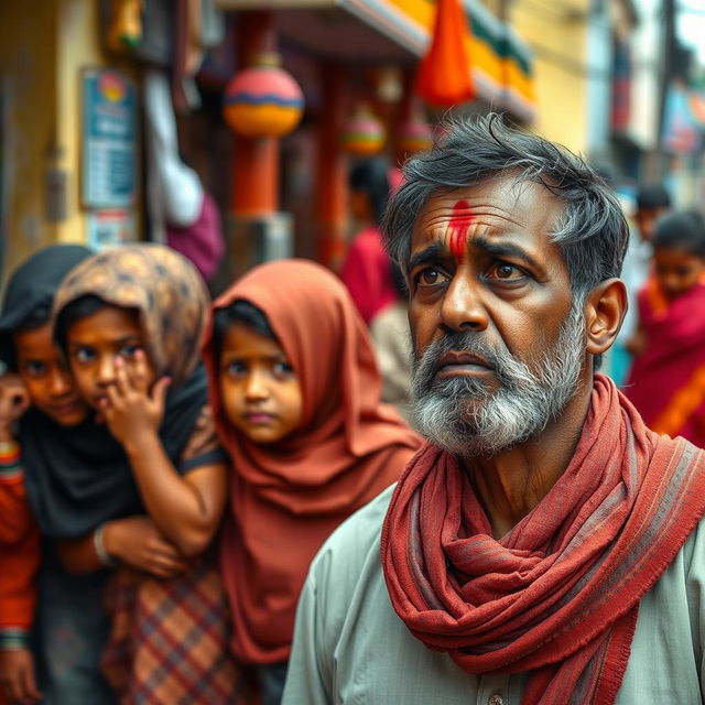 A powerful and emotional scene depicting the struggle for justice, where three children wearing traditional Muslim clothing are huddled together, their expressions filled with fear and sadness