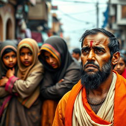 A powerful and emotional scene depicting the struggle for justice, where three children wearing traditional Muslim clothing are huddled together, their expressions filled with fear and sadness