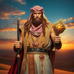 A powerful depiction of Thor, the Norse god of thunder, dressed in traditional Arabic attire, featuring an elaborate thobe adorned with intricate patterns and gold embroidery