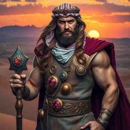 A powerful depiction of Thor, the Norse god of thunder, dressed in traditional Arabic attire, featuring an elaborate thobe adorned with intricate patterns and gold embroidery