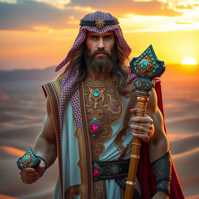 A powerful depiction of Thor, the Norse god of thunder, dressed in traditional Arabic attire, featuring an elaborate thobe adorned with intricate patterns and gold embroidery