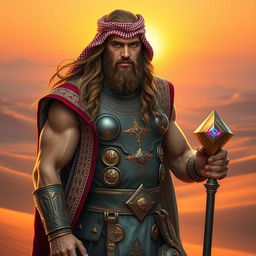 A powerful depiction of Thor, the Norse god of thunder, dressed in traditional Arabic attire, featuring an elaborate thobe adorned with intricate patterns and gold embroidery