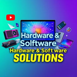 A dynamic and eye-catching YouTube cover photo representing hardware and software solutions