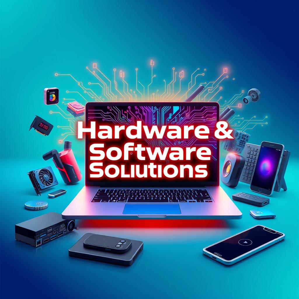 A dynamic and eye-catching YouTube cover photo representing hardware and software solutions