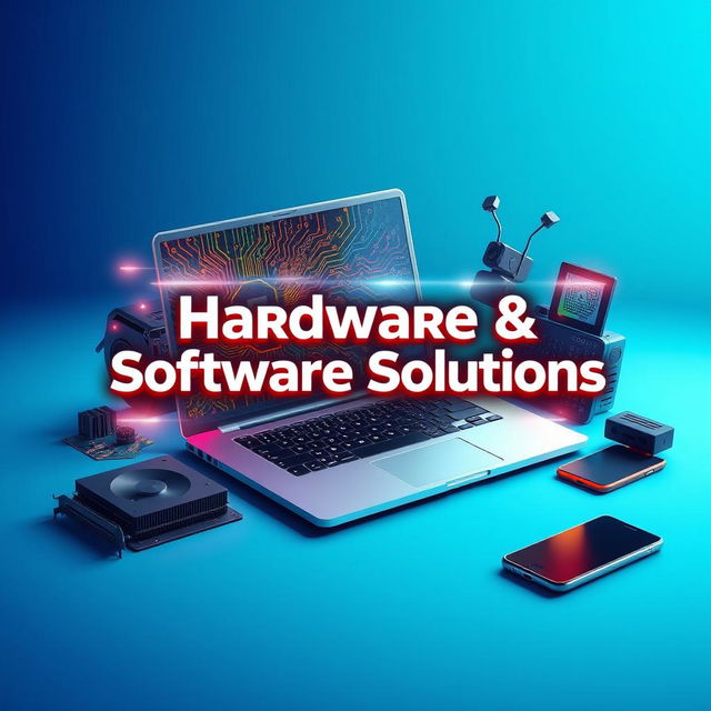 A dynamic and eye-catching YouTube cover photo representing hardware and software solutions