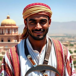 A handsome man wearing traditional Yemeni attire, which includes a beautifully embroidered headband called a 'gutt', a colorful, intricately patterned thobe that extends to the ankle, and a curved jambiya dagger tucked into a broad, ornate belt