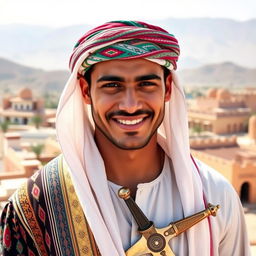 A handsome man wearing traditional Yemeni attire, which includes a beautifully embroidered headband called a 'gutt', a colorful, intricately patterned thobe that extends to the ankle, and a curved jambiya dagger tucked into a broad, ornate belt