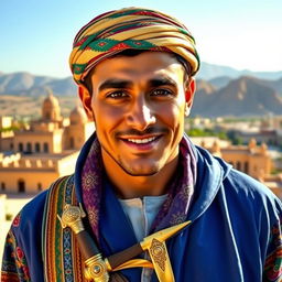 A handsome man wearing traditional Yemeni attire, which includes a beautifully embroidered headband called a 'gutt', a colorful, intricately patterned thobe that extends to the ankle, and a curved jambiya dagger tucked into a broad, ornate belt
