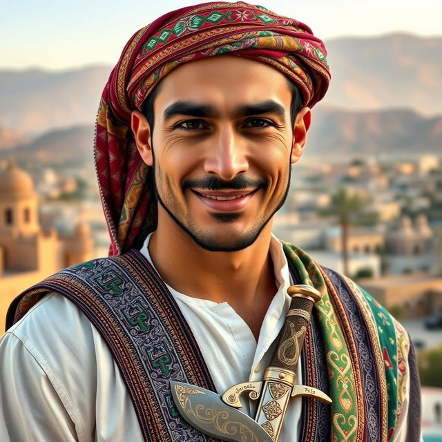 A handsome man wearing traditional Yemeni attire, which includes a beautifully embroidered headband called a 'gutt', a colorful, intricately patterned thobe that extends to the ankle, and a curved jambiya dagger tucked into a broad, ornate belt