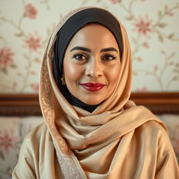 A beautifully styled mature woman wearing an elegant hijab, showcasing intricate embroidery and rich textures