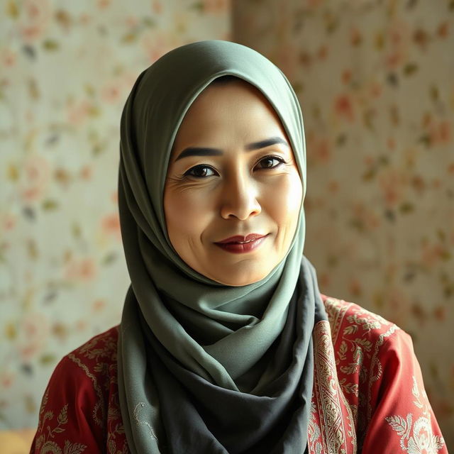 A beautifully styled mature woman wearing an elegant hijab, showcasing intricate embroidery and rich textures
