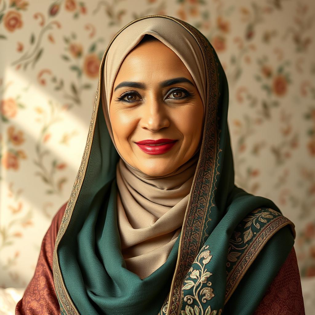 A beautifully styled mature woman wearing an elegant hijab, showcasing intricate embroidery and rich textures