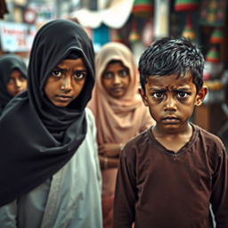 A poignant scene showcasing the complexities of cultural interactions, where three Muslim children in traditional attire are depicted showing expressions of fear and confusion