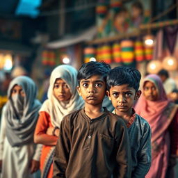 A poignant scene showcasing the complexities of cultural interactions, where three Muslim children in traditional attire are depicted showing expressions of fear and confusion