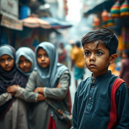 A poignant scene showcasing the complexities of cultural interactions, where three Muslim children in traditional attire are depicted showing expressions of fear and confusion