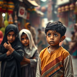 A poignant scene showcasing the complexities of cultural interactions, where three Muslim children in traditional attire are depicted showing expressions of fear and confusion