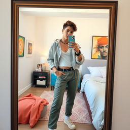 A stylish young adult taking a mirror selfie in a vibrant, modern bedroom