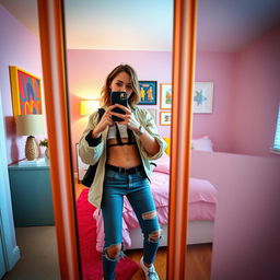 A stylish young adult taking a mirror selfie in a vibrant, modern bedroom