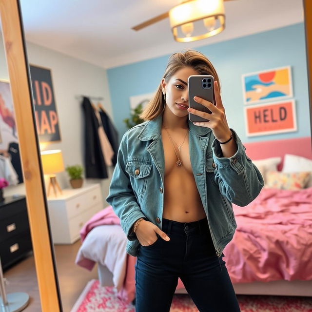 A stylish young adult taking a mirror selfie in a vibrant, modern bedroom