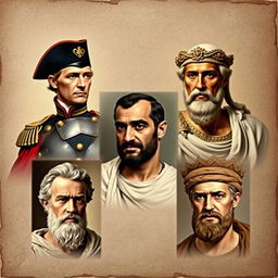 A collage featuring historical figures Napoleon Bonaparte, Alexander the Great, Khalid ibn Walid, and Julius Caesar