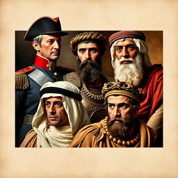 A collage featuring historical figures Napoleon Bonaparte, Alexander the Great, Khalid ibn Walid, and Julius Caesar