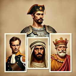 A collage featuring historical figures Napoleon Bonaparte, Alexander the Great, Khalid ibn Walid, and Julius Caesar