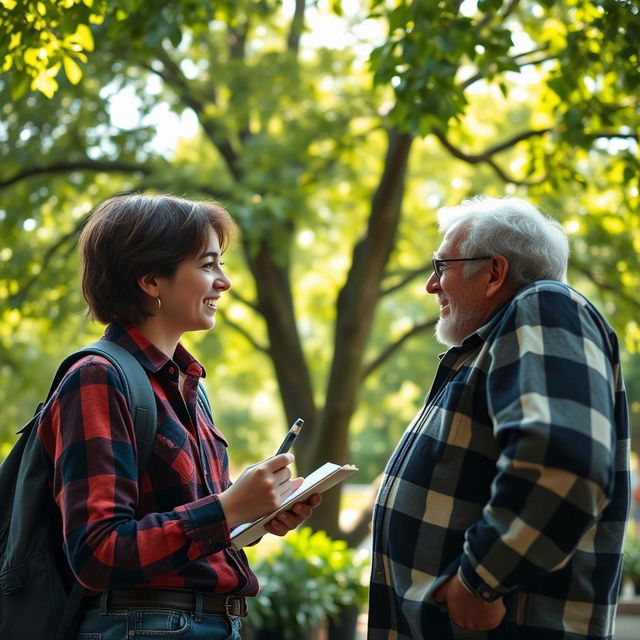 A candid scene capturing an interview between a curious interviewer and a random person in a vibrant outdoor setting