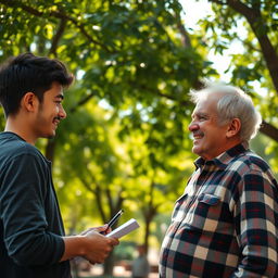 A candid scene capturing an interview between a curious interviewer and a random person in a vibrant outdoor setting