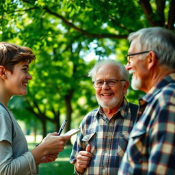 A candid scene capturing an interview between a curious interviewer and a random person in a vibrant outdoor setting