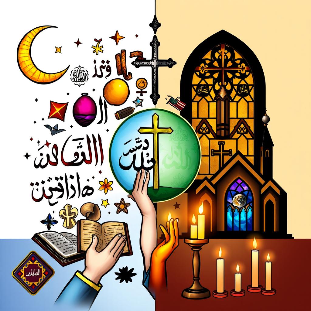 A visually engaging split-image that depicts the similarities between Islam and Christianity