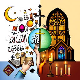 A visually engaging split-image that depicts the similarities between Islam and Christianity