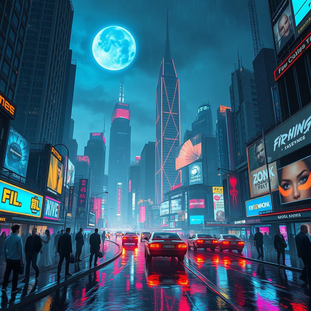 A stunning cyberpunk cityscape at night, filled with glowing neon lights and large holographic advertisements
