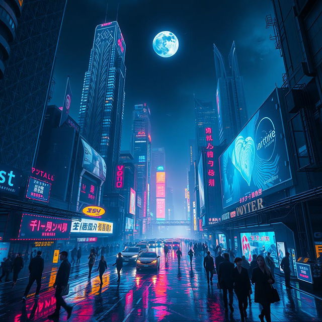 A stunning cyberpunk cityscape at night, filled with glowing neon lights and large holographic advertisements