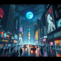 A stunning cyberpunk cityscape at night, filled with glowing neon lights and large holographic advertisements