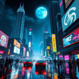 A stunning cyberpunk cityscape at night, filled with glowing neon lights and large holographic advertisements