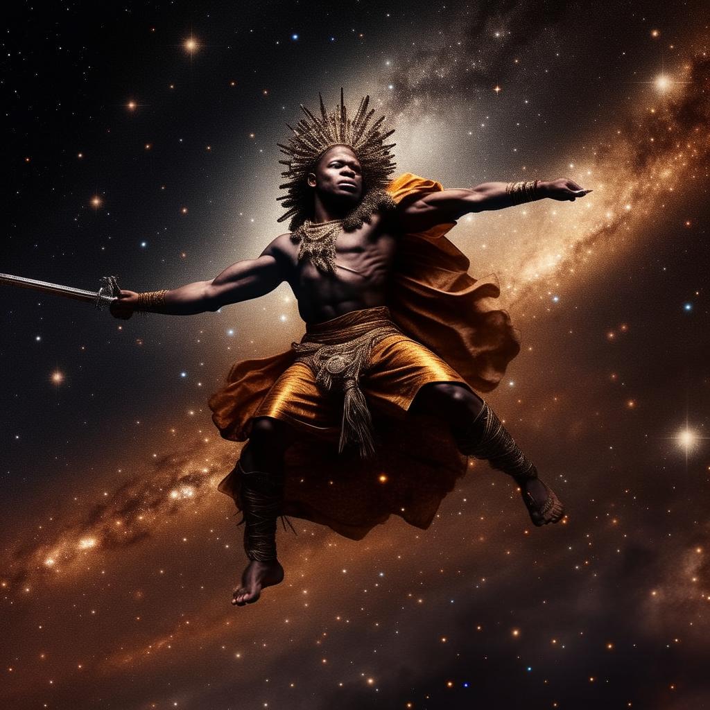 Ogun, Yoruba god of iron, flying in galaxies