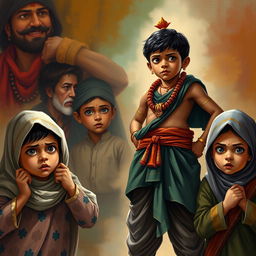A dramatic scene depicting a Hindu boy standing defiantly, portraying strength and bravery, while three Muslim children express varying emotions such as fear and resilience