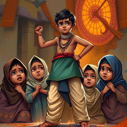 A dramatic scene depicting a Hindu boy standing defiantly, portraying strength and bravery, while three Muslim children express varying emotions such as fear and resilience