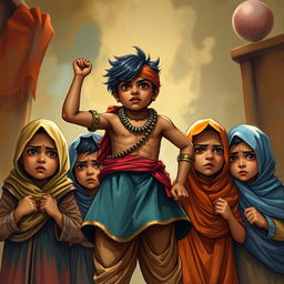 A dramatic scene depicting a Hindu boy standing defiantly, portraying strength and bravery, while three Muslim children express varying emotions such as fear and resilience