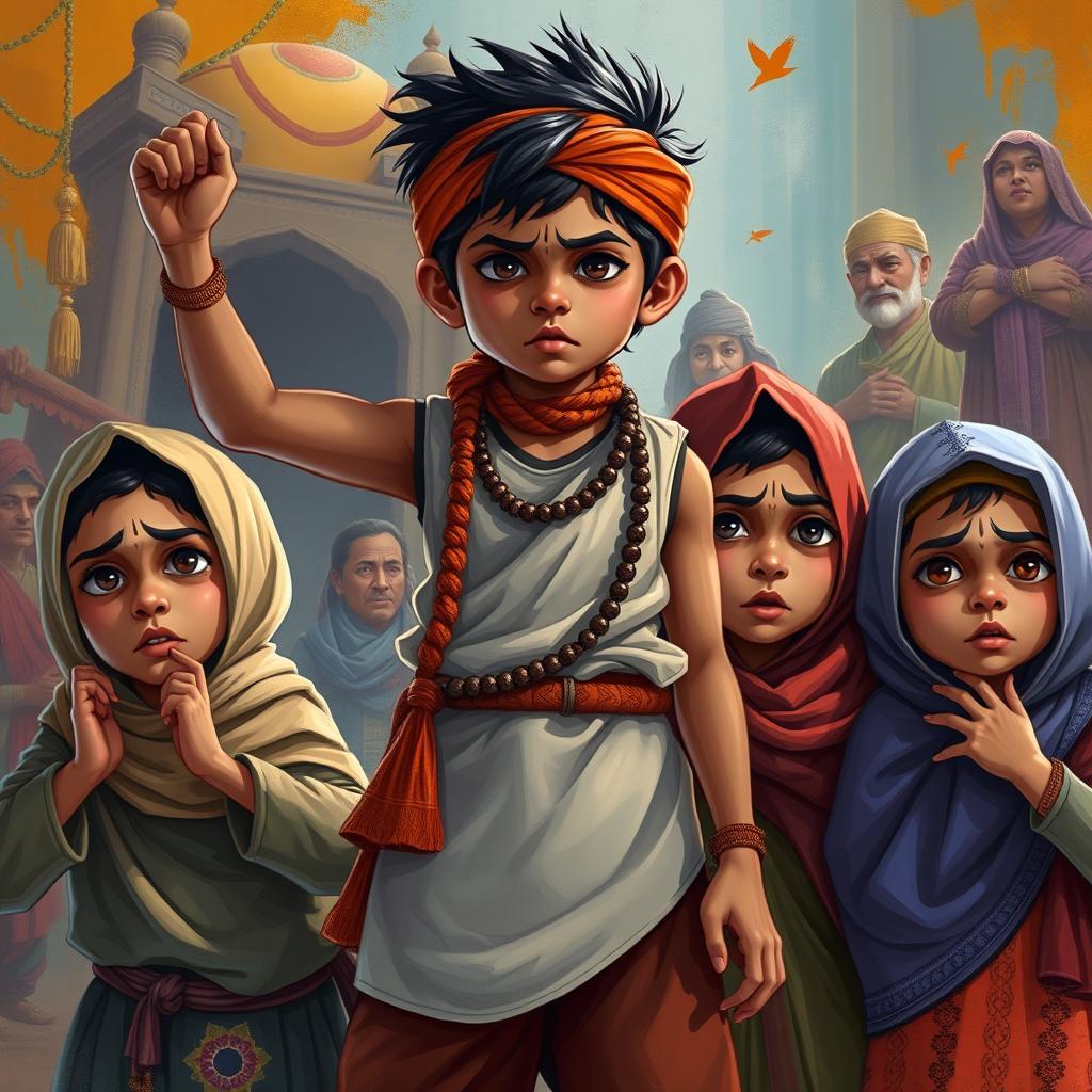 A dramatic scene depicting a Hindu boy standing defiantly, portraying strength and bravery, while three Muslim children express varying emotions such as fear and resilience