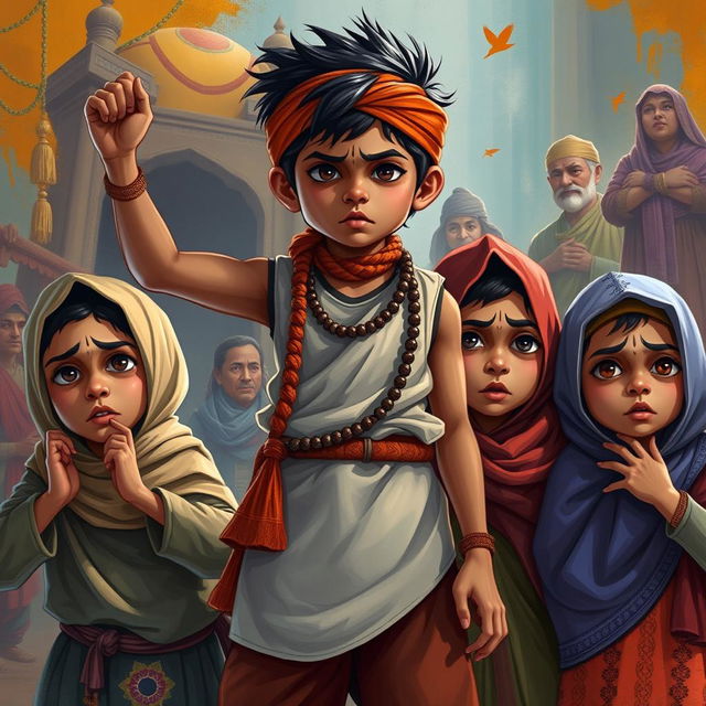 A dramatic scene depicting a Hindu boy standing defiantly, portraying strength and bravery, while three Muslim children express varying emotions such as fear and resilience