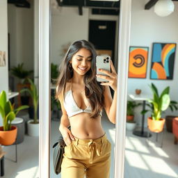 A trendy young adult taking a mirror selfie in a stylish urban setting