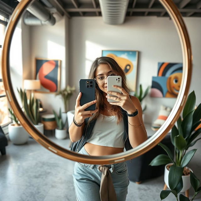 A trendy young adult taking a mirror selfie in a stylish urban setting