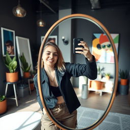 A trendy young adult taking a mirror selfie in a stylish urban setting