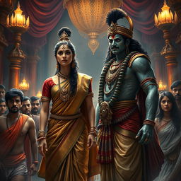 A powerful and emotional moment depicting the profound relationship between Lord Krishna and Draupadi, set in a dramatic setting filled with tension and urgency