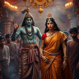 A powerful and emotional moment depicting the profound relationship between Lord Krishna and Draupadi, set in a dramatic setting filled with tension and urgency